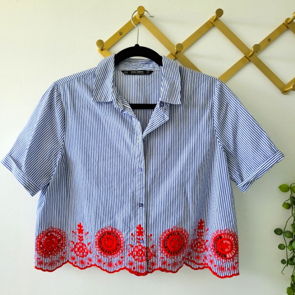 Zara embroidered blue and white stripe button down - Sz M